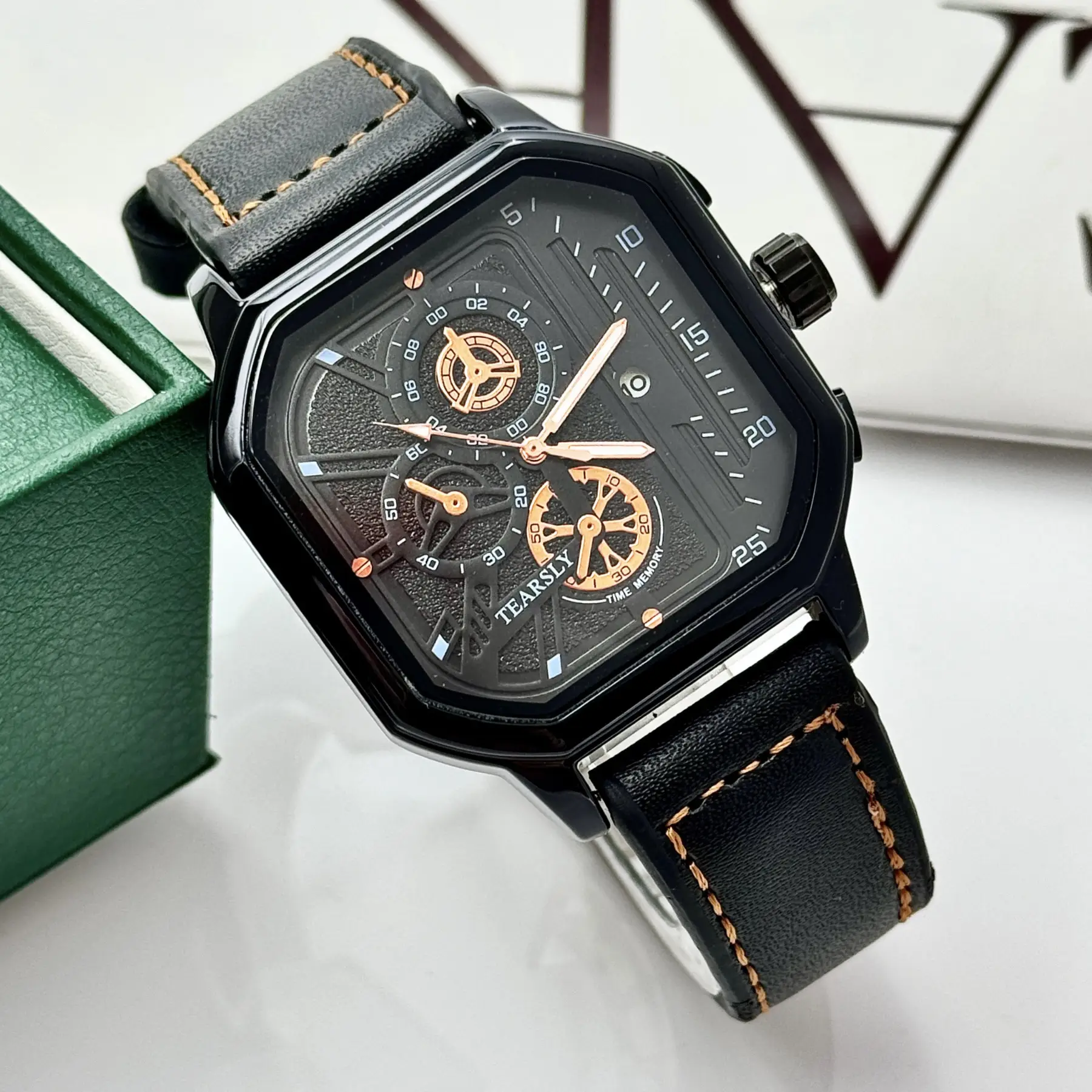 Men's Square Steel Band Waterproof Quartz Watch with Calendar - Image 4