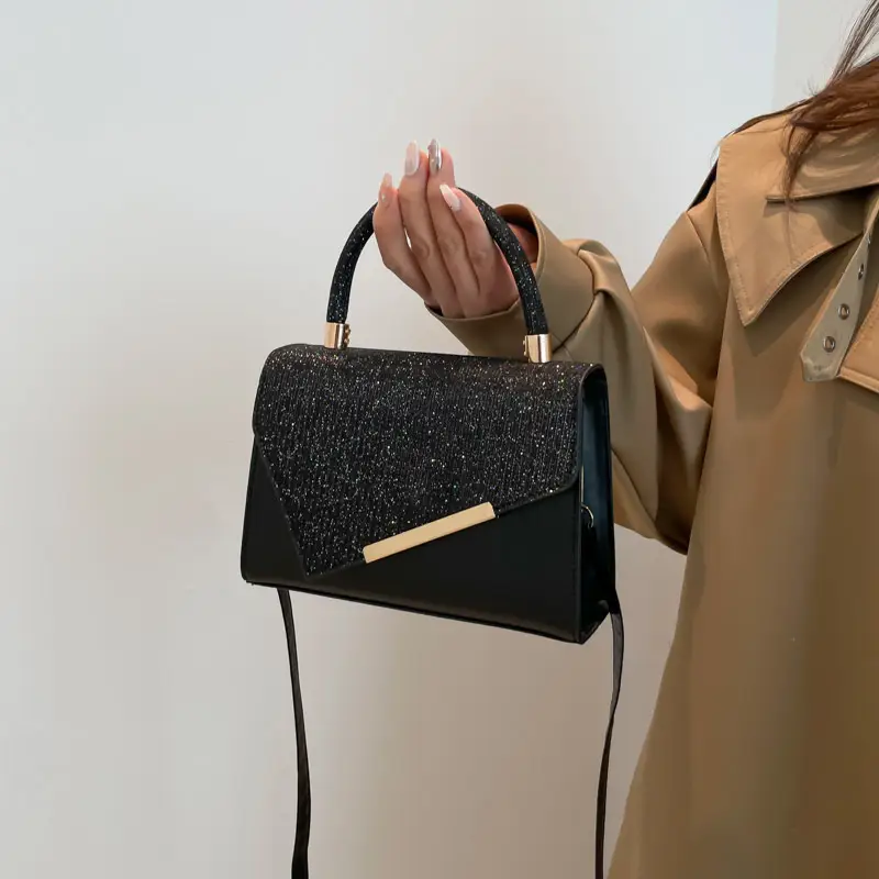 Small Square Grey Sparkle Leather Shoulder Bag