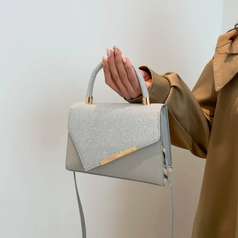 Small Square Grey Sparkle Leather Shoulder Bag