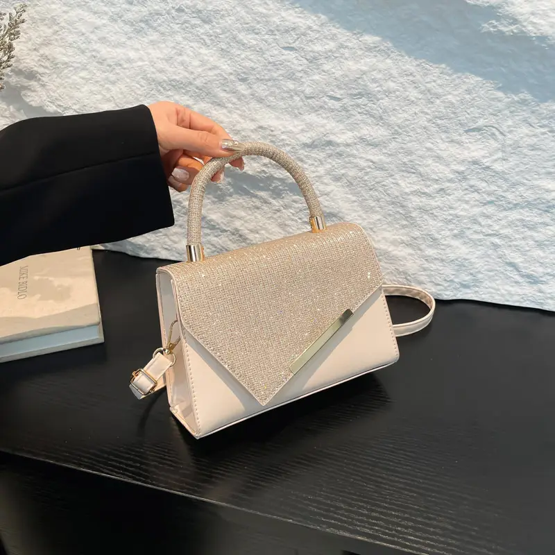 Small Square Grey Sparkle Leather Shoulder Bag