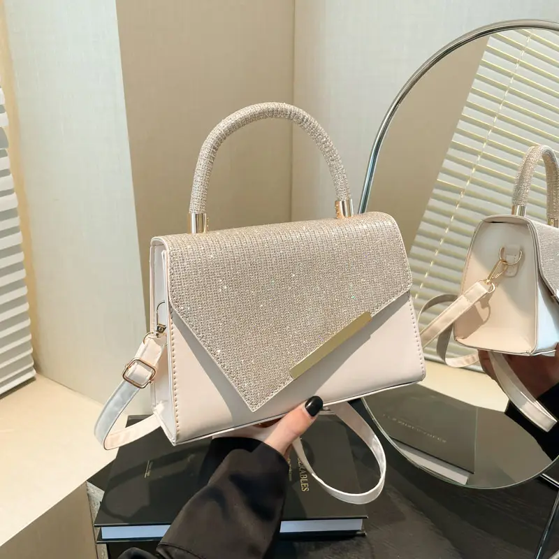 Small Square Grey Sparkle Leather Shoulder Bag — feature 17