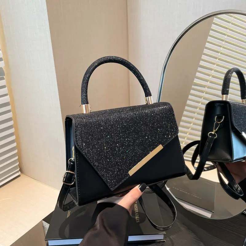 Small Square Grey Sparkle Leather Shoulder Bag — feature 18