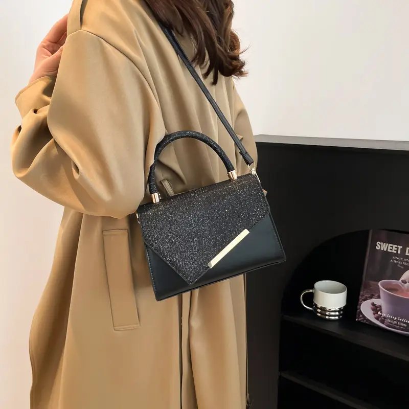 Small Square Grey Sparkle Leather Shoulder Bag — feature 2