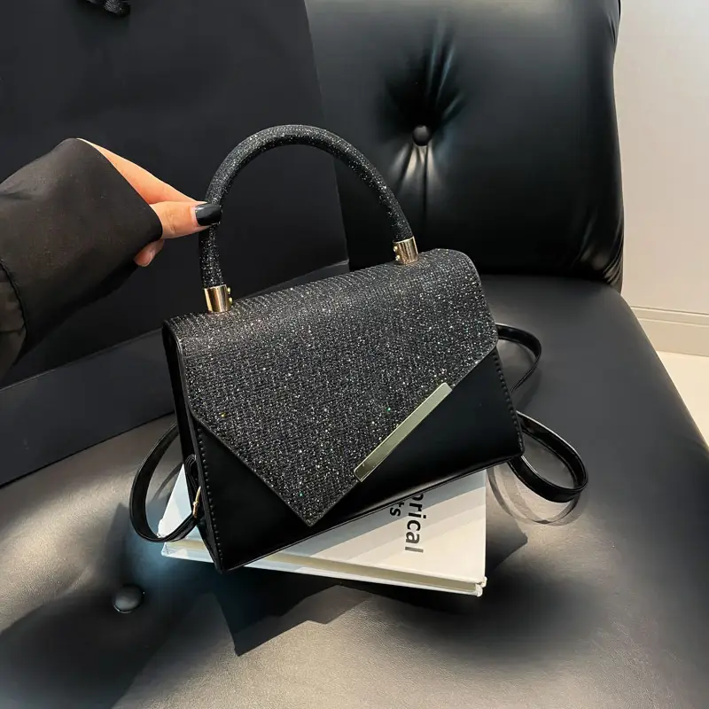 Small Square Grey Sparkle Leather Shoulder Bag — feature 20