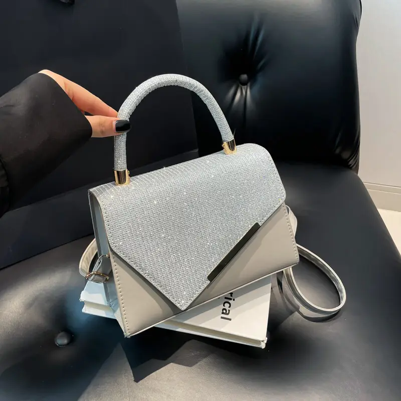 Small Square Grey Sparkle Leather Shoulder Bag — feature 21