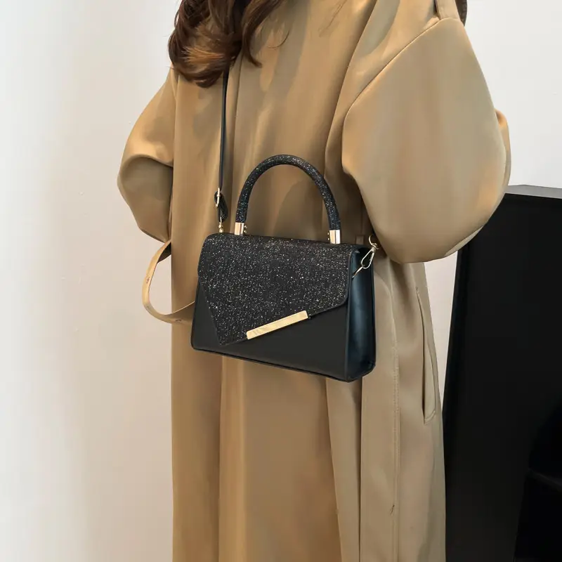 Small Square Grey Sparkle Leather Shoulder Bag — feature 23