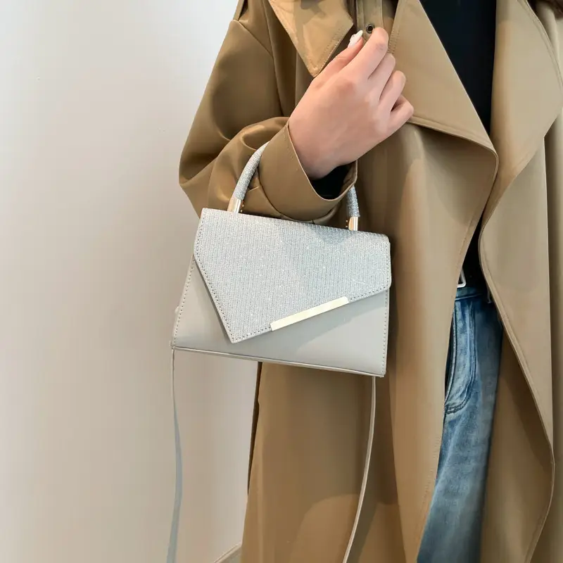 Small Square Grey Sparkle Leather Shoulder Bag — feature 25