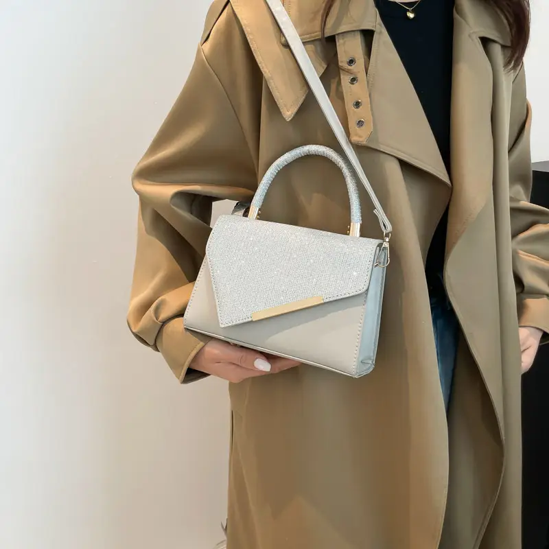 Small Square Grey Sparkle Leather Shoulder Bag — feature 26