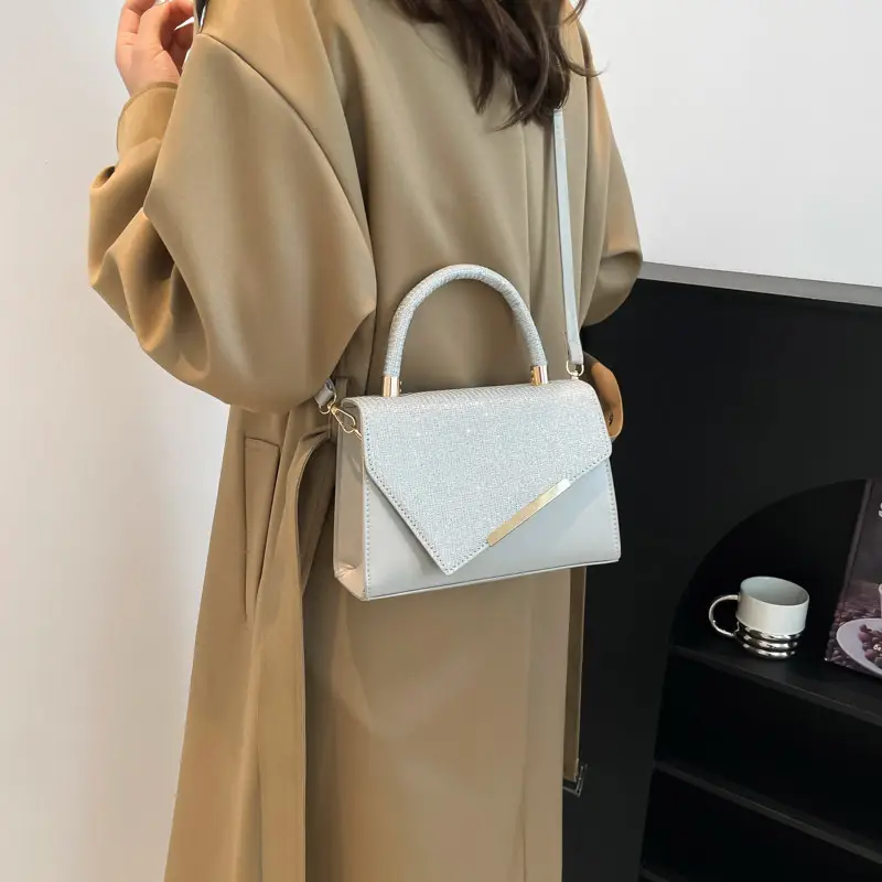 Small Square Grey Sparkle Leather Shoulder Bag — feature 27