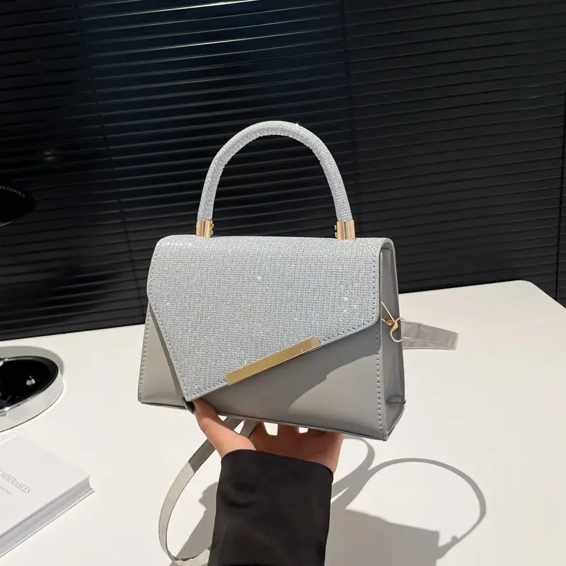 Small Square Grey Sparkle Leather Shoulder Bag