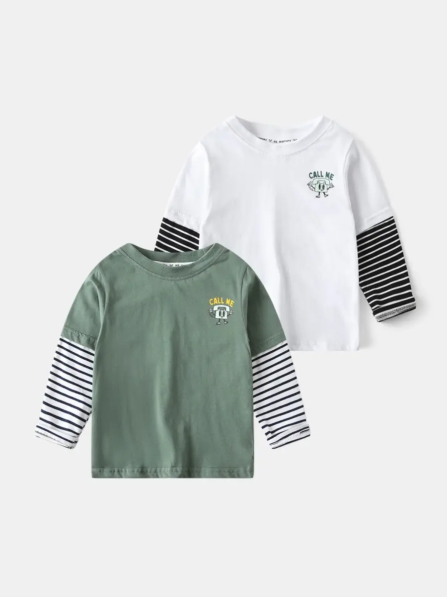 White Long Sleeve T-Shirt for Boys with Striped Sleeves - Image 3