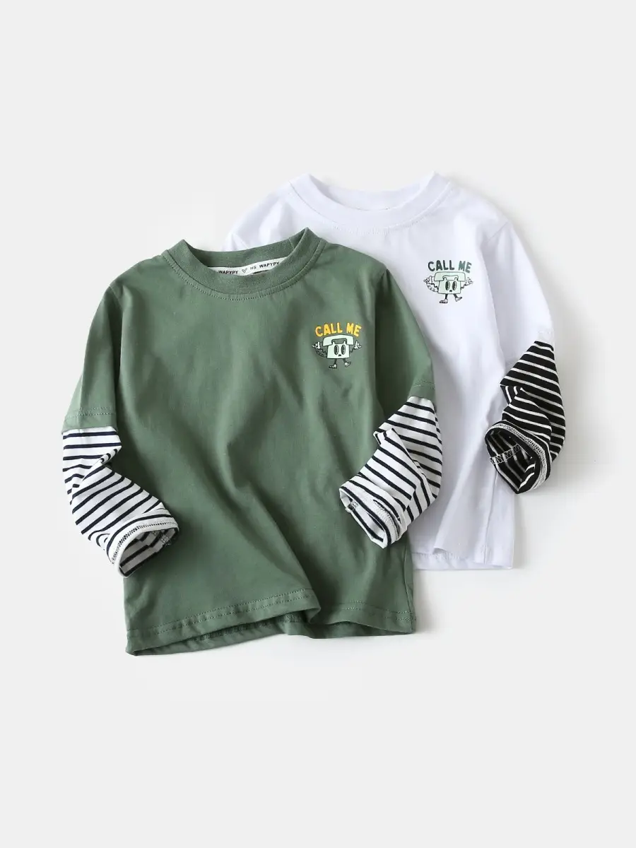 White Long Sleeve T-Shirt for Boys with Striped Sleeves - Image 4