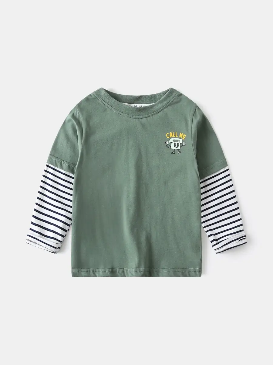 White Long Sleeve T-Shirt for Boys with Striped Sleeves - Image 5