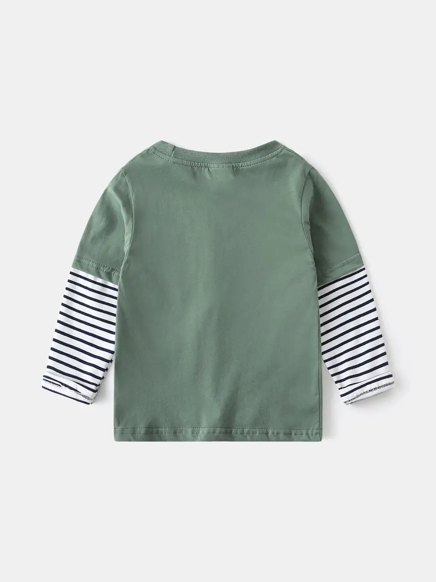 White Long Sleeve T-Shirt for Boys with Striped Sleeves - Image 6