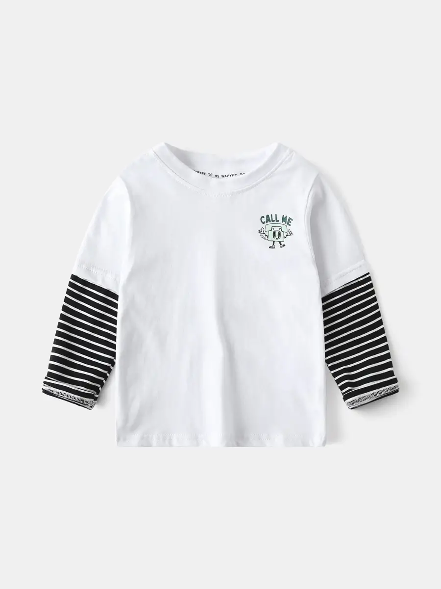 White Long Sleeve T-Shirt for Boys with Striped Sleeves - Image 7