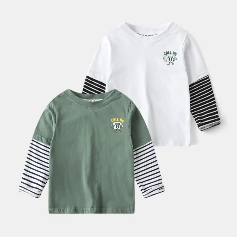 White Long Sleeve T-Shirt for Boys with Striped Sleeves — feature 1