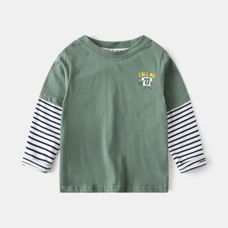 White Long Sleeve T-Shirt for Boys with Striped Sleeves - Image 2