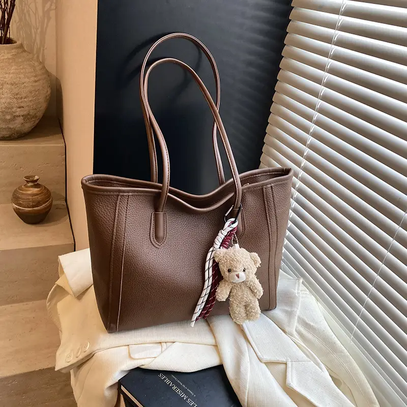 Korean Style Cream Shoulder Bag with Teddy Keychain - Image 6
