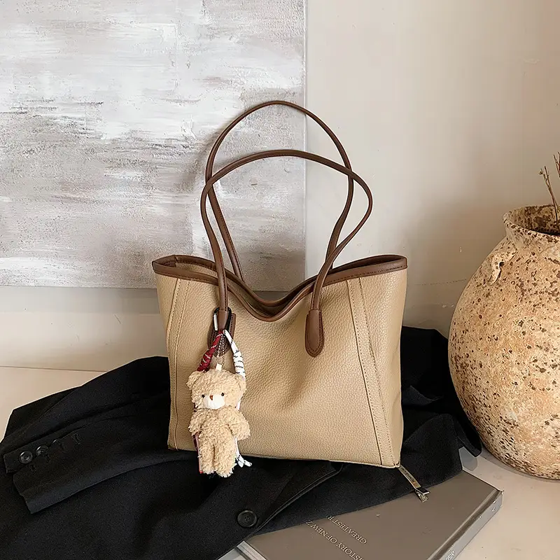 Korean Style Cream Shoulder Bag with Teddy Keychain - Image 7