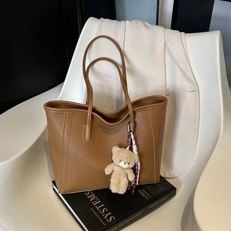 Korean Style Cream Shoulder Bag with Teddy Keychain - Image 8