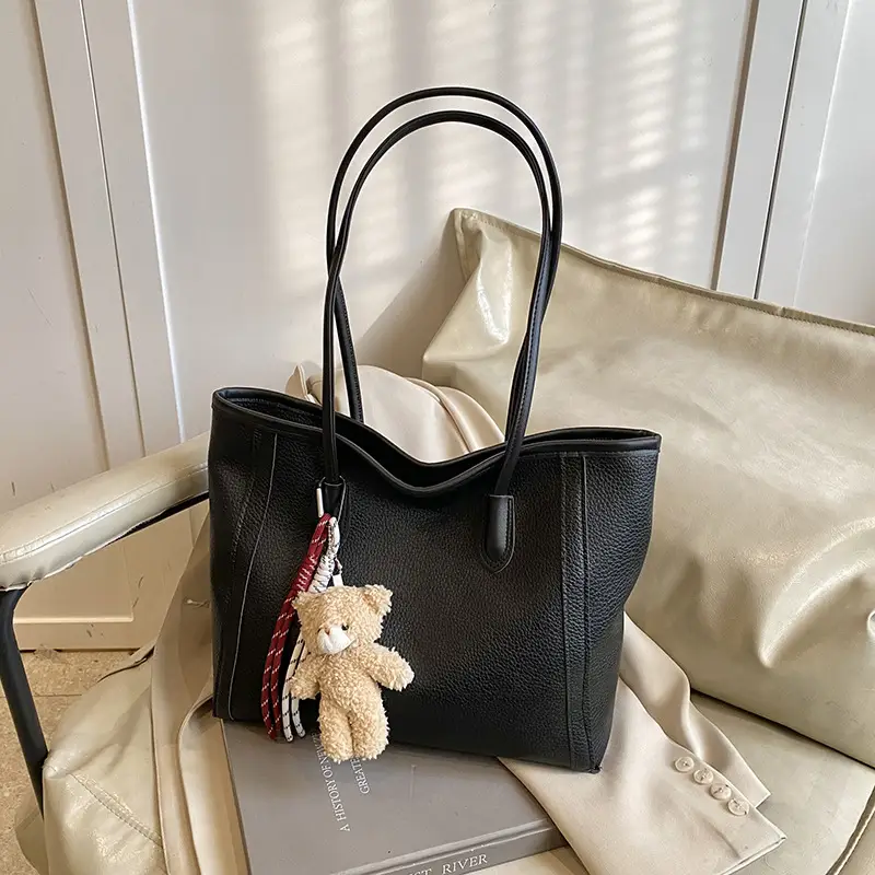 Korean Style Cream Shoulder Bag with Teddy Keychain - Image 9