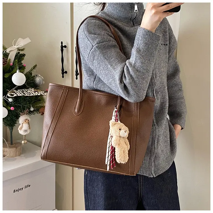 Korean Style Cream Shoulder Bag with Teddy Keychain — feature 11