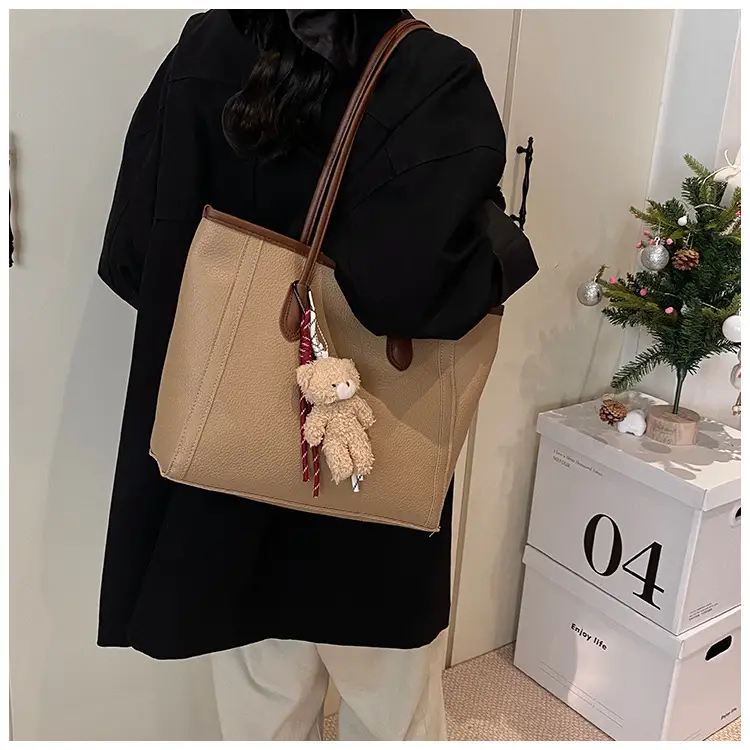 Korean Style Cream Shoulder Bag with Teddy Keychain — feature 13