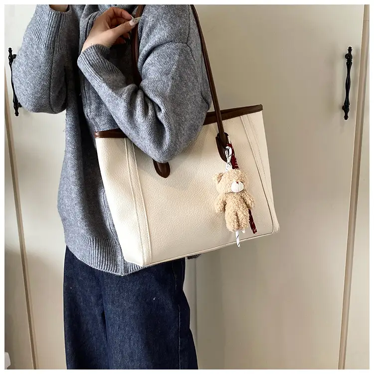 Korean Style Cream Shoulder Bag with Teddy Keychain — feature 6