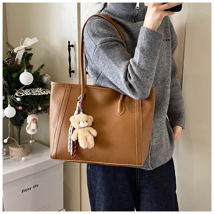 Korean Style Cream Shoulder Bag with Teddy Keychain — feature 9