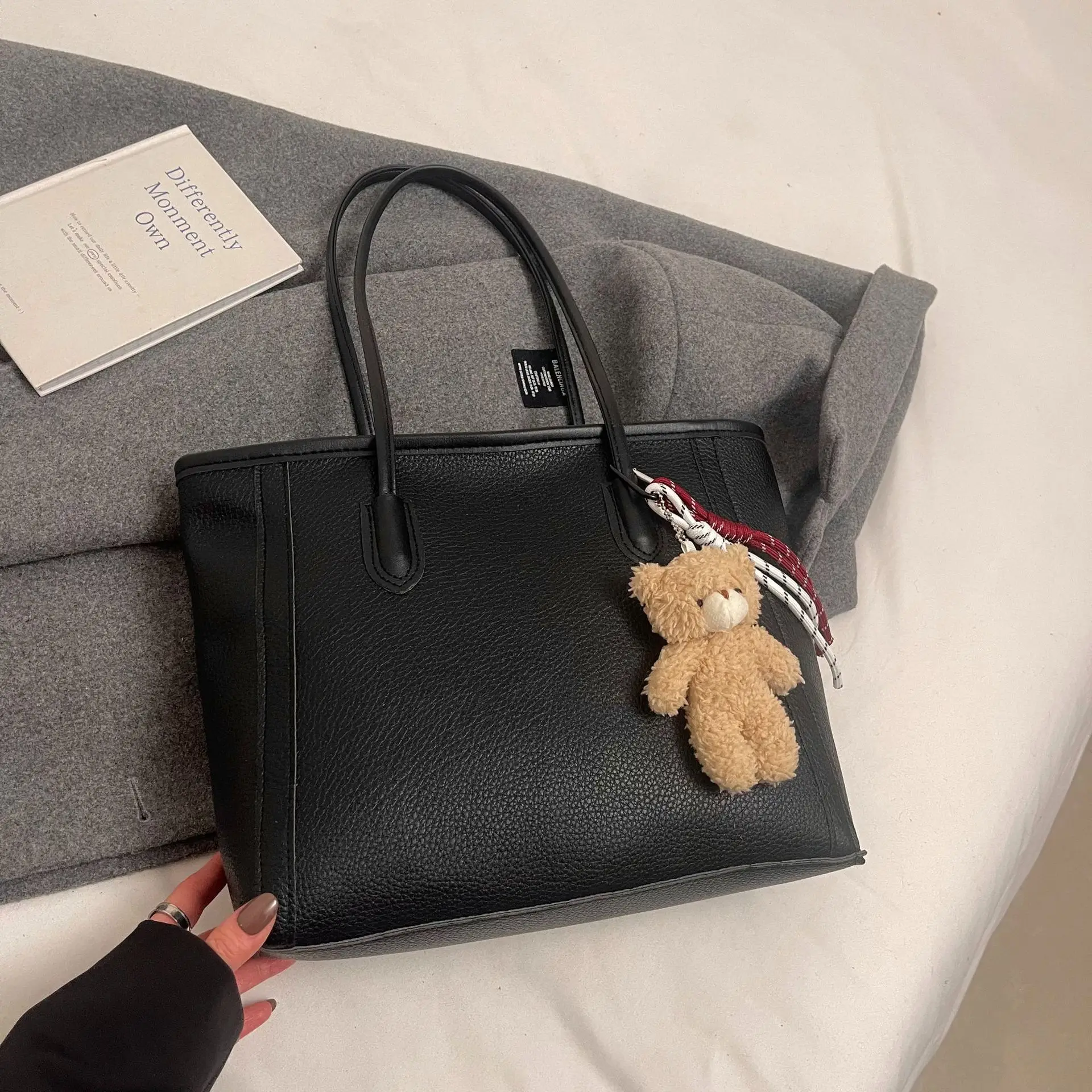 Korean Style Cream Shoulder Bag with Teddy Keychain - Image 2