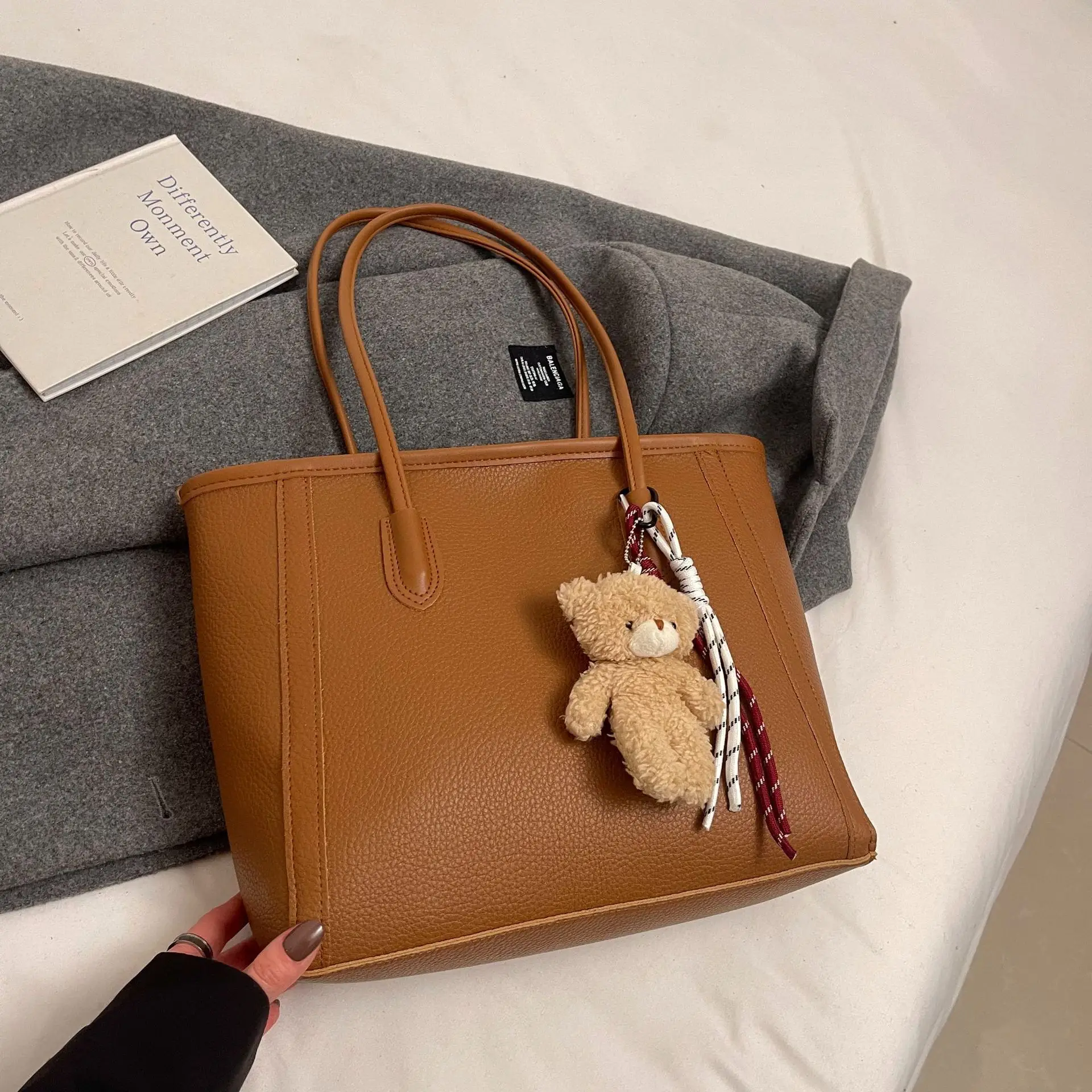 Korean Style Cream Shoulder Bag with Teddy Keychain - Image 4