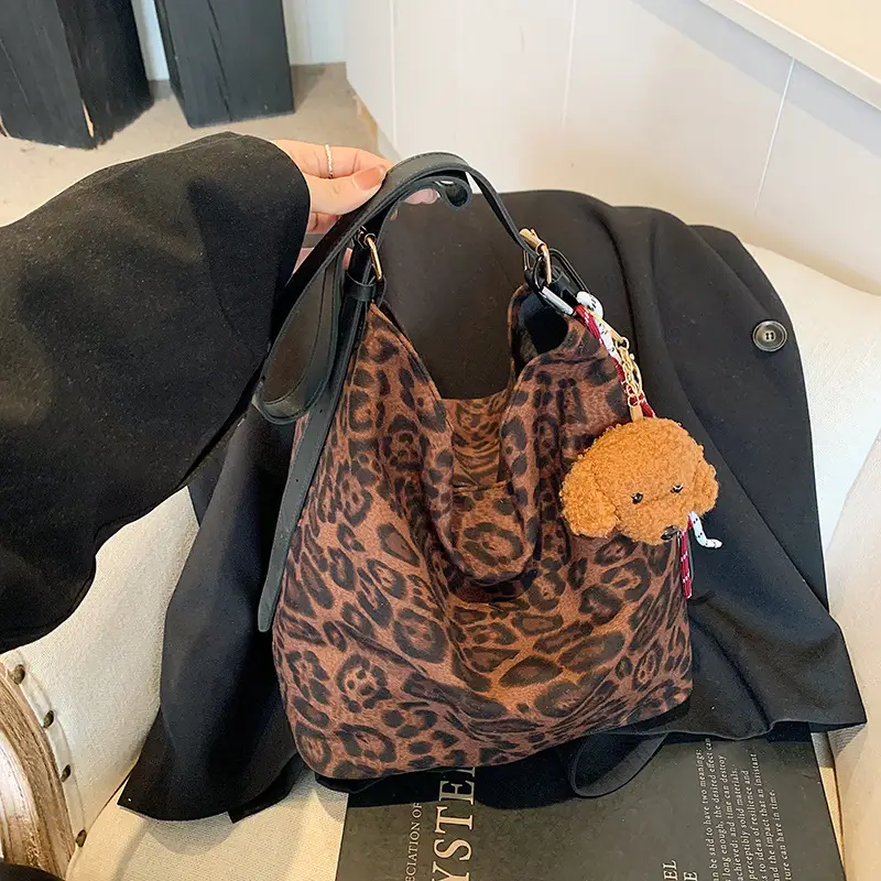 Leopard Print Winter Shoulder Bag with Teddy Bear