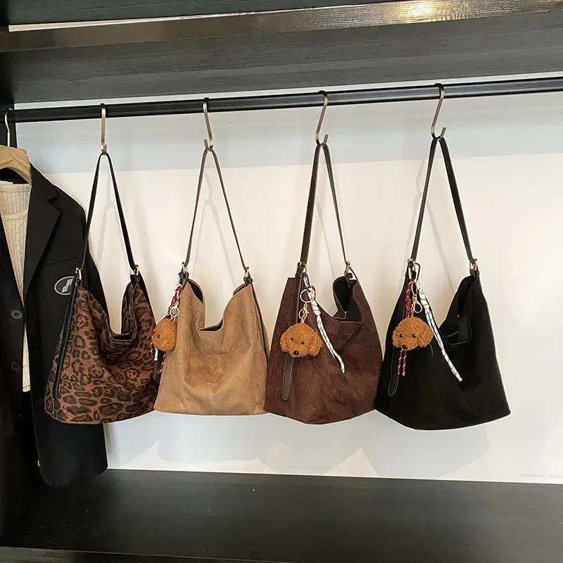 Leopard Print Winter Shoulder Bag with Teddy Bear