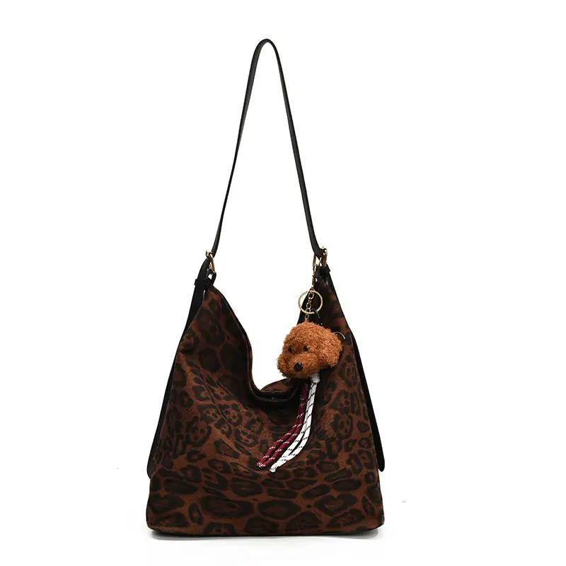Leopard Print Winter Shoulder Bag with Teddy Bear