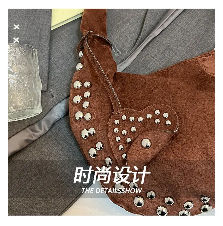 Women's Rivet Frosted Diagonal Shoulder Bag Brown — feature 13