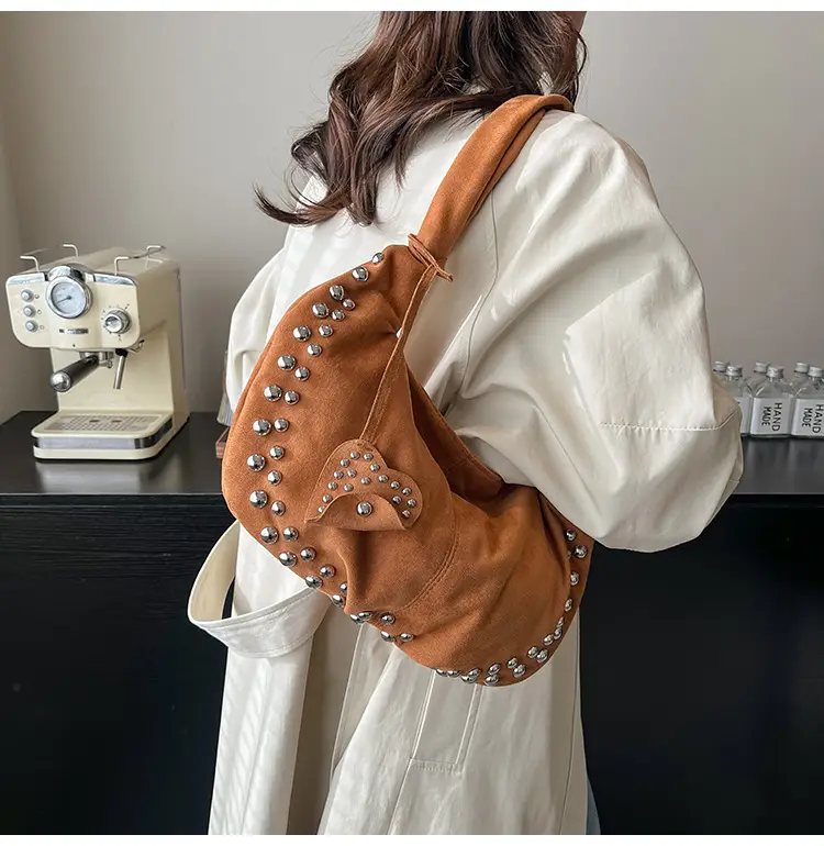Women's Rivet Frosted Diagonal Shoulder Bag Brown — feature 15
