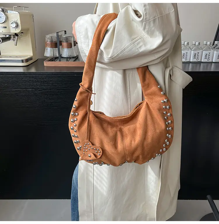 Women's Rivet Frosted Diagonal Shoulder Bag Brown — feature 16