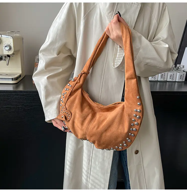 Women's Rivet Frosted Diagonal Shoulder Bag Brown — feature 17