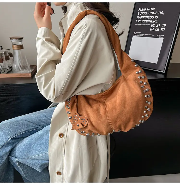 Women's Rivet Frosted Diagonal Shoulder Bag Brown — feature 19