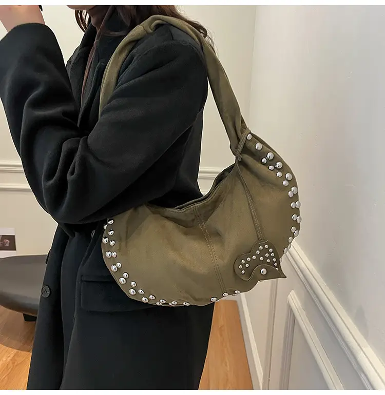 Women's Rivet Frosted Diagonal Shoulder Bag Brown — feature 20