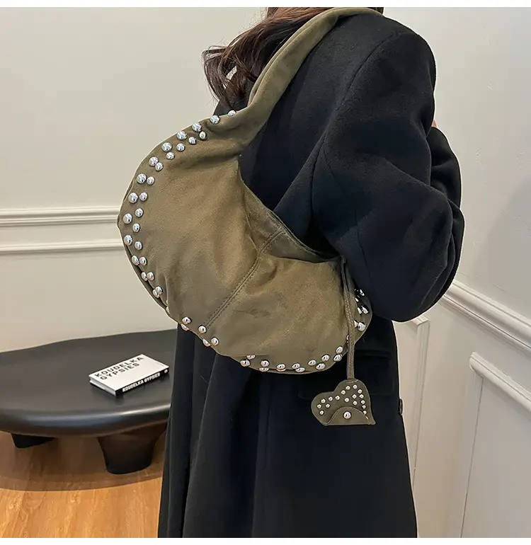 Women's Rivet Frosted Diagonal Shoulder Bag Brown — feature 21