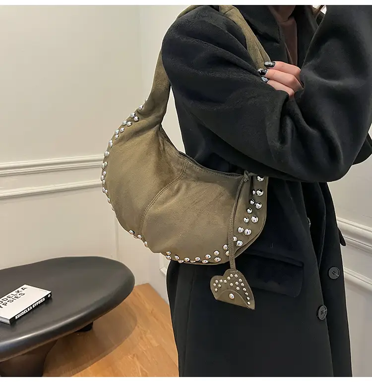 Women's Rivet Frosted Diagonal Shoulder Bag Brown — feature 22