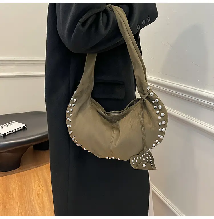 Women's Rivet Frosted Diagonal Shoulder Bag Brown — feature 23