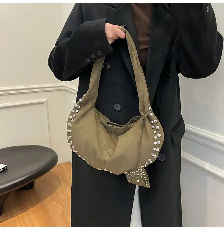 Women's Rivet Frosted Diagonal Shoulder Bag Brown — feature 24