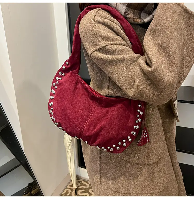 Women's Rivet Frosted Diagonal Shoulder Bag Brown — feature 25