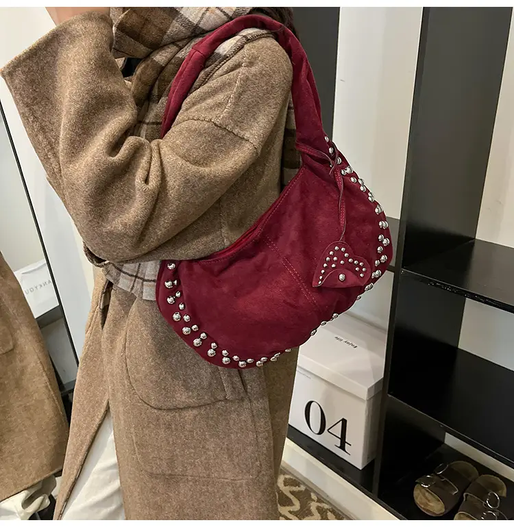 Women's Rivet Frosted Diagonal Shoulder Bag Brown — feature 26