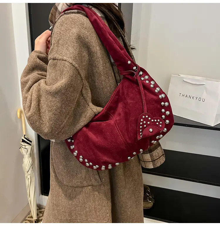 Women's Rivet Frosted Diagonal Shoulder Bag Brown — feature 28