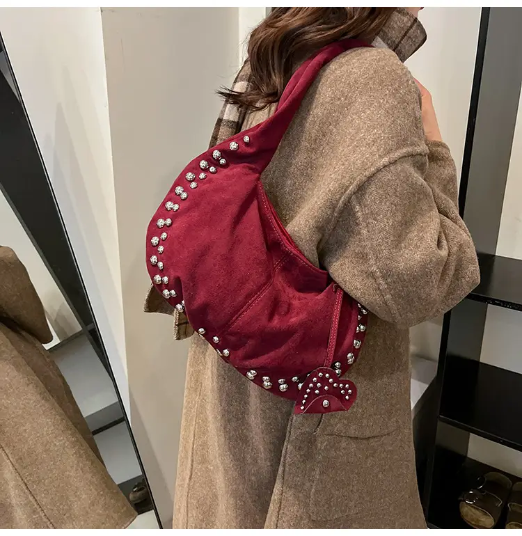 Women's Rivet Frosted Diagonal Shoulder Bag Brown — feature 29