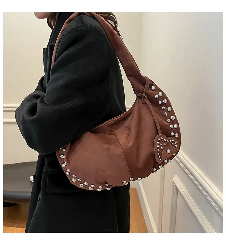 Women's Rivet Frosted Diagonal Shoulder Bag Brown — feature 3
