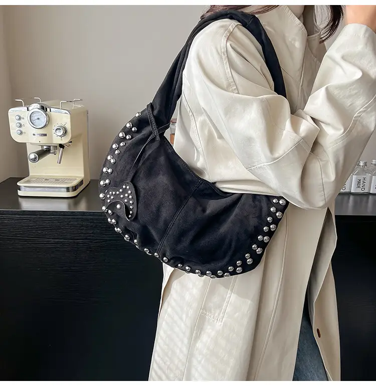 Women's Rivet Frosted Diagonal Shoulder Bag Brown — feature 31